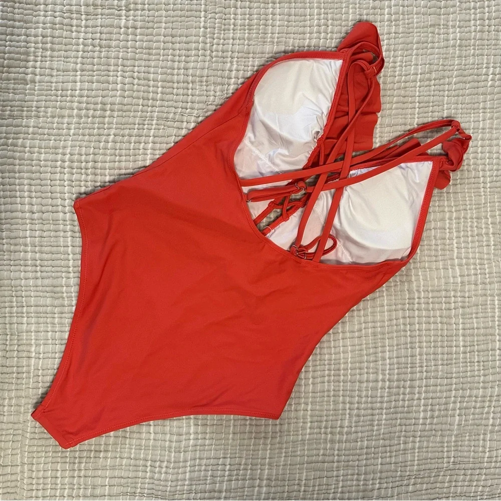 Cupshe Coral Ruffle Plunge Lace-Up One-Piece Swimsuit